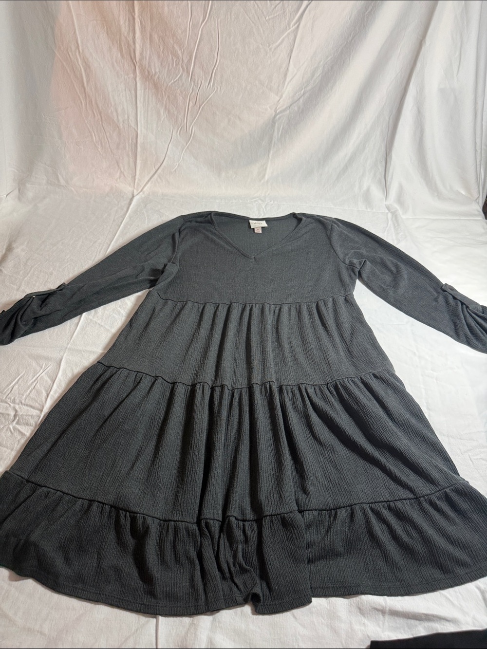 Women's Long Sleeve Tiered V-Neck Dress - Charcoal